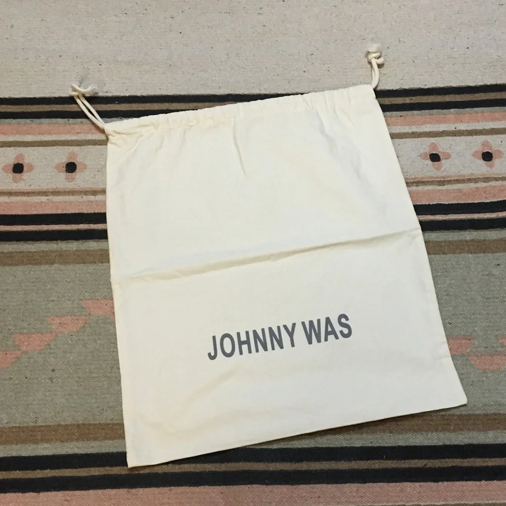 Johnny Was medium Off White drawstring dustbag logo on front Garment bag